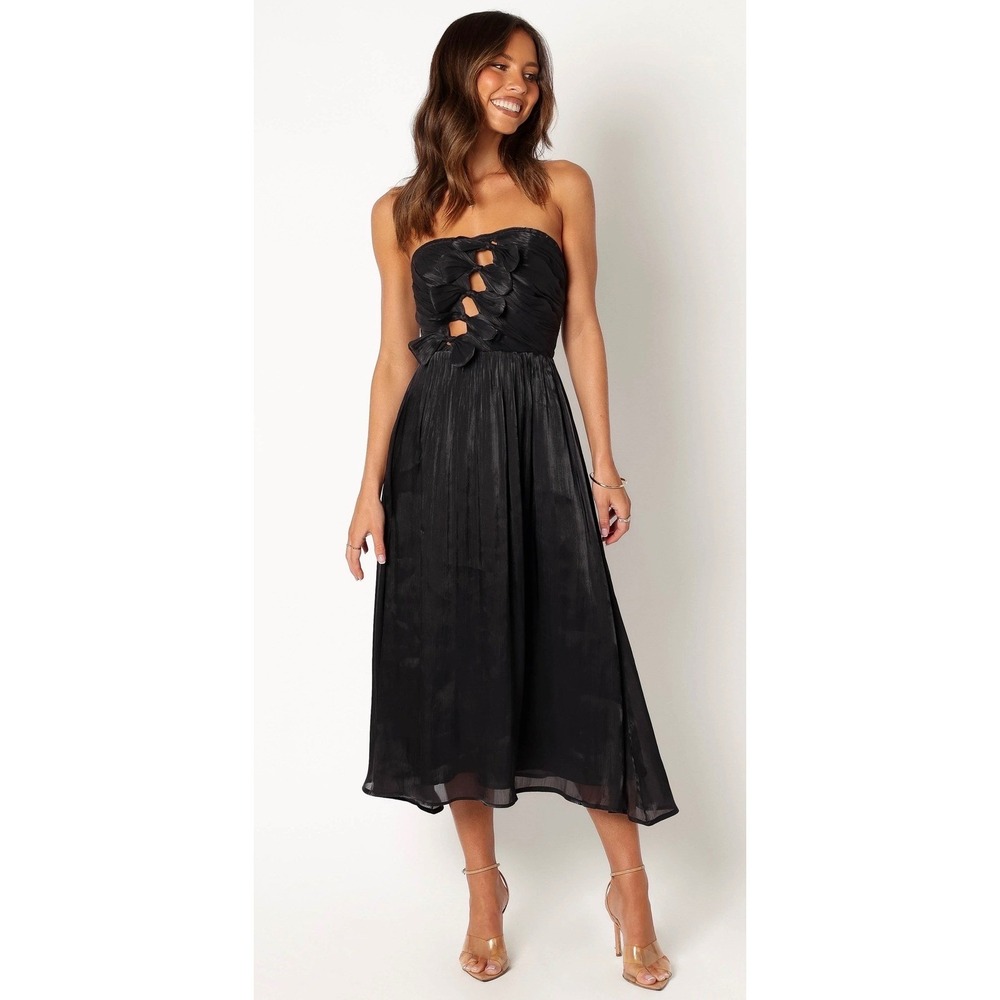 Petal + Pup Black Strapless Plisse Midi Dress Cut Out Sweetheart Event NWT S